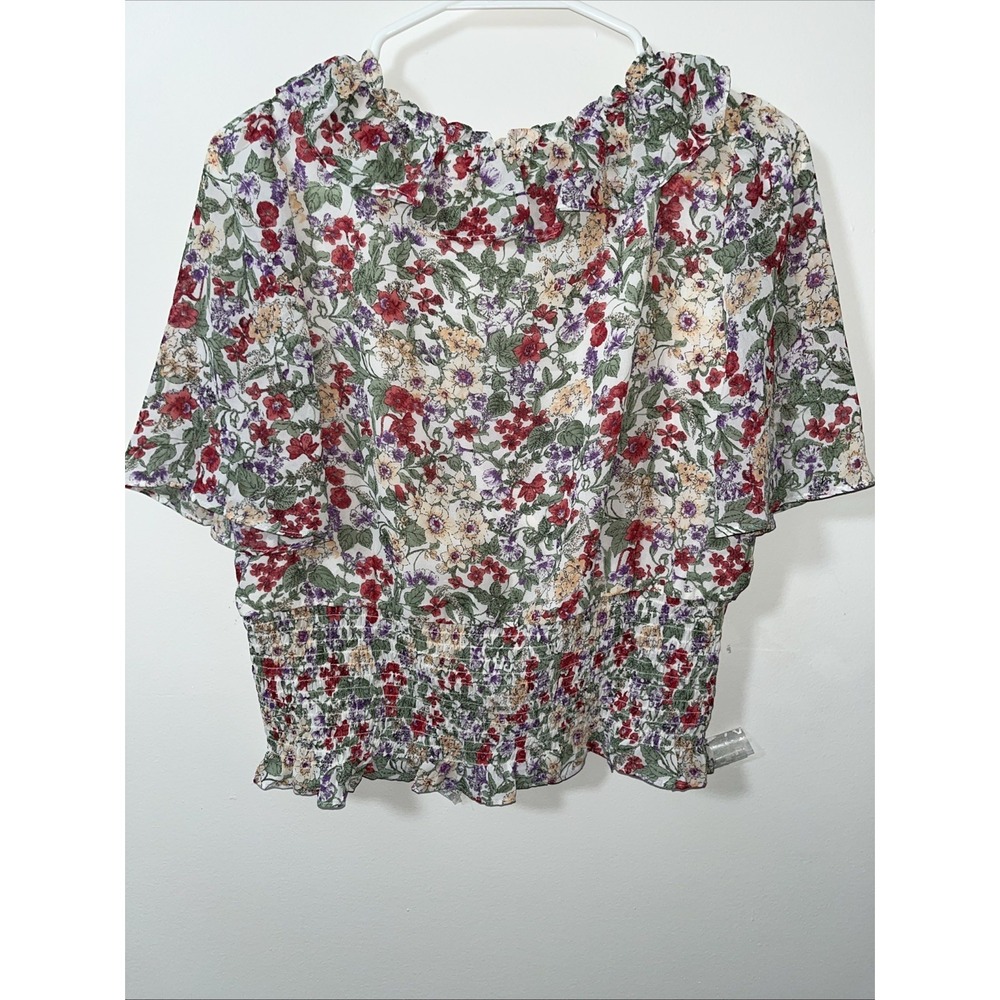 ASTR The Label Top L Ivory Coral Floral V-Neck Flutter Sleeve Fairycore Pastels - Picture 7 of 8
